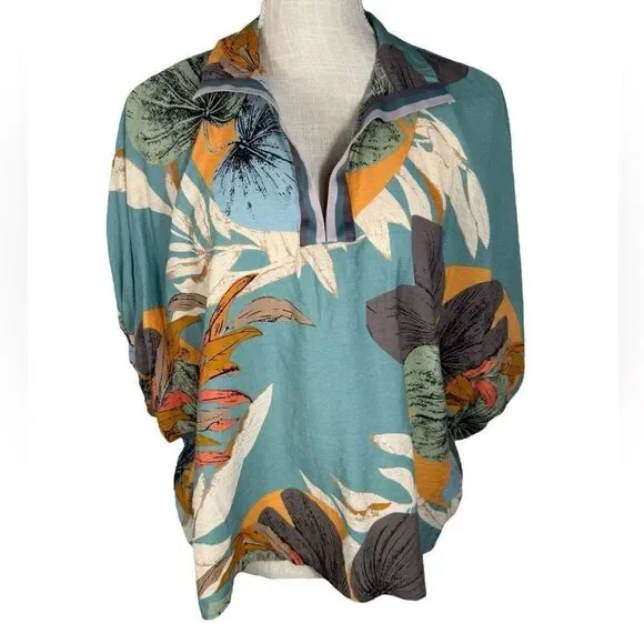 Entro Boutique Teal Blue Tropical Print Collared Lightweight Woven Summer Top - Picture 6 of 11